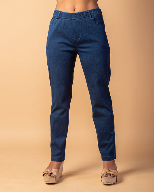 Tealish Blue Elasticated Waist Straight Jeans For Women