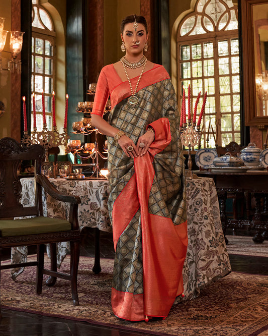 French Beige Silk Saree With Unstitched Blouse