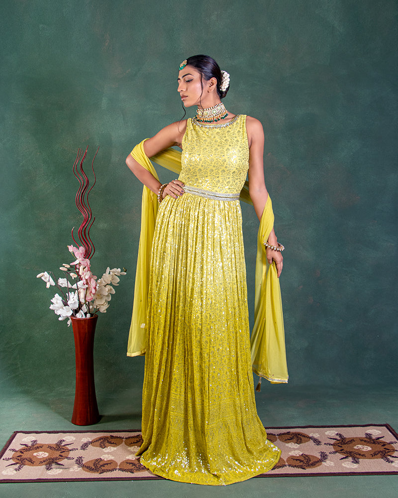 SLEEVELESS BRIGHT YELLOW EMBROIDERED GOWN
