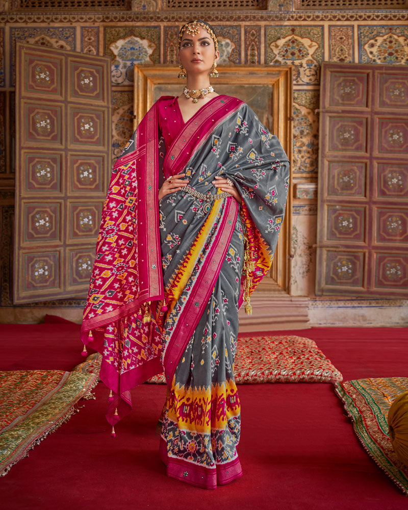 Cloudy Grey Ikat Hand Work Printed Patola Saree With Unstitched Blouse