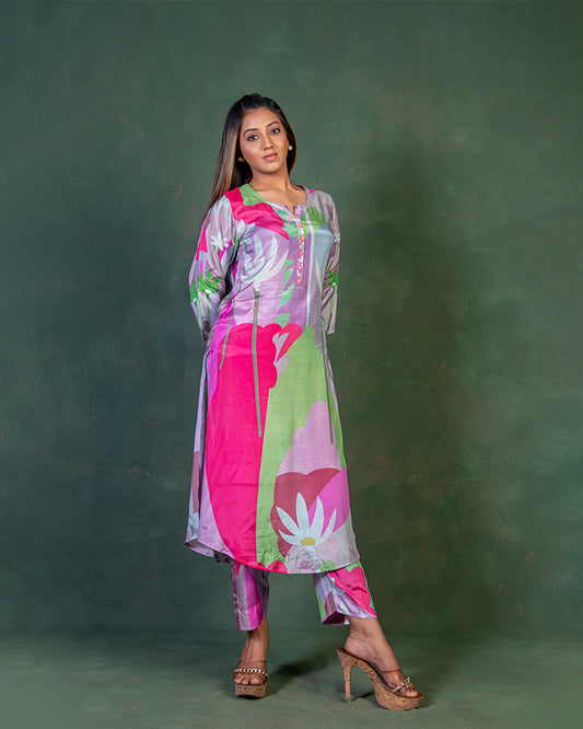 Multi-Color Floral Printed Kurta & Pants Co-Ord Set