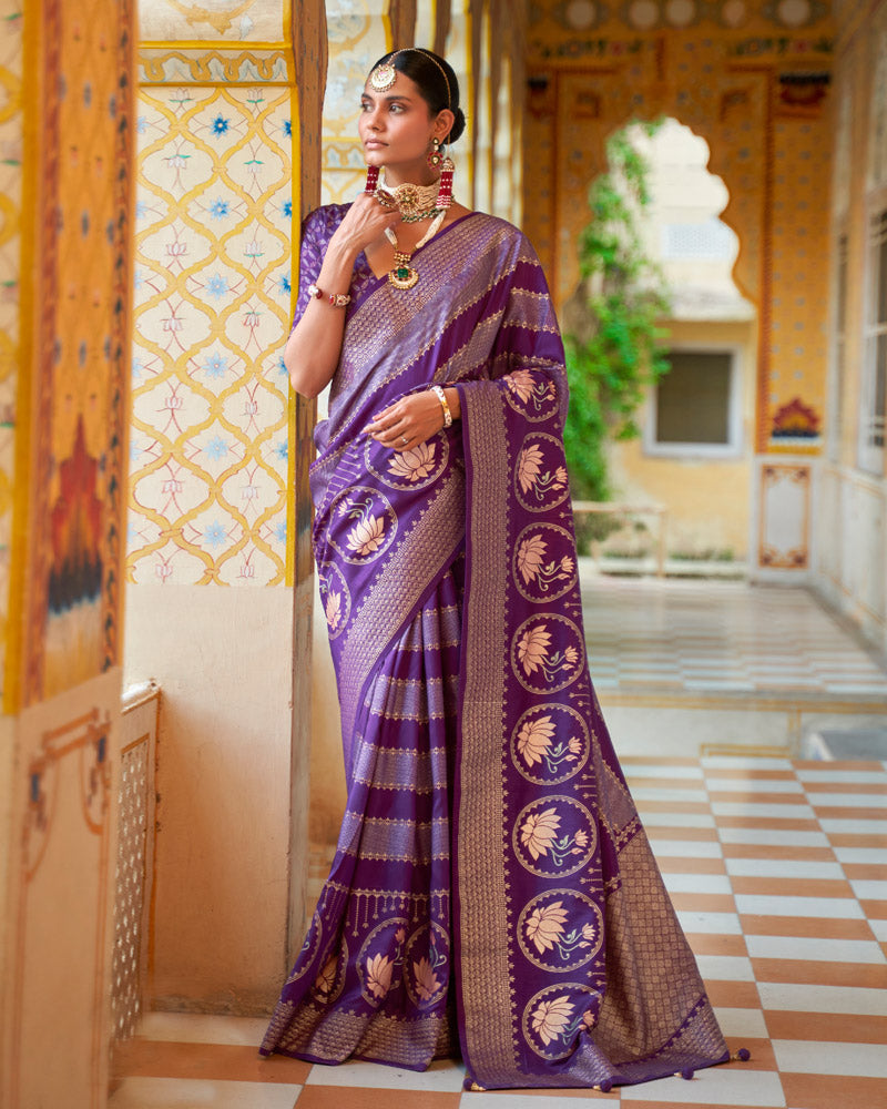 Dark Lavender Floral Printed Saree With Unstitched Blouse