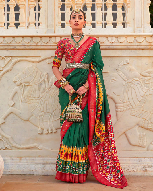 Basil Green Elephants and Ikat Printed Saree With Unstitched Blouse