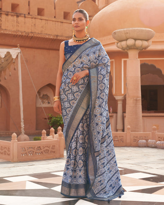 Pigeon Blue Ikat Printed Saree With Unstitched Blouse