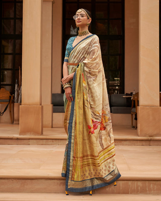 Light Taupe Cotton Silk Saree With Unstitched Blouse