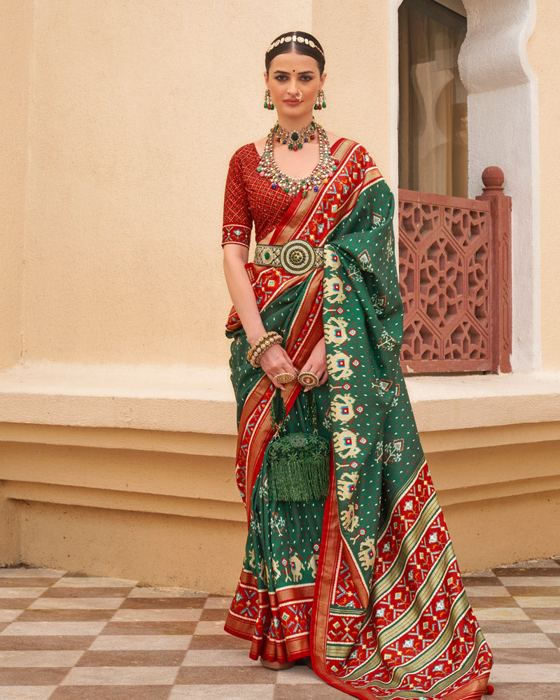 Dark Spring Green Saree With Unstitched Blouse Saree With Unstitched Blouse