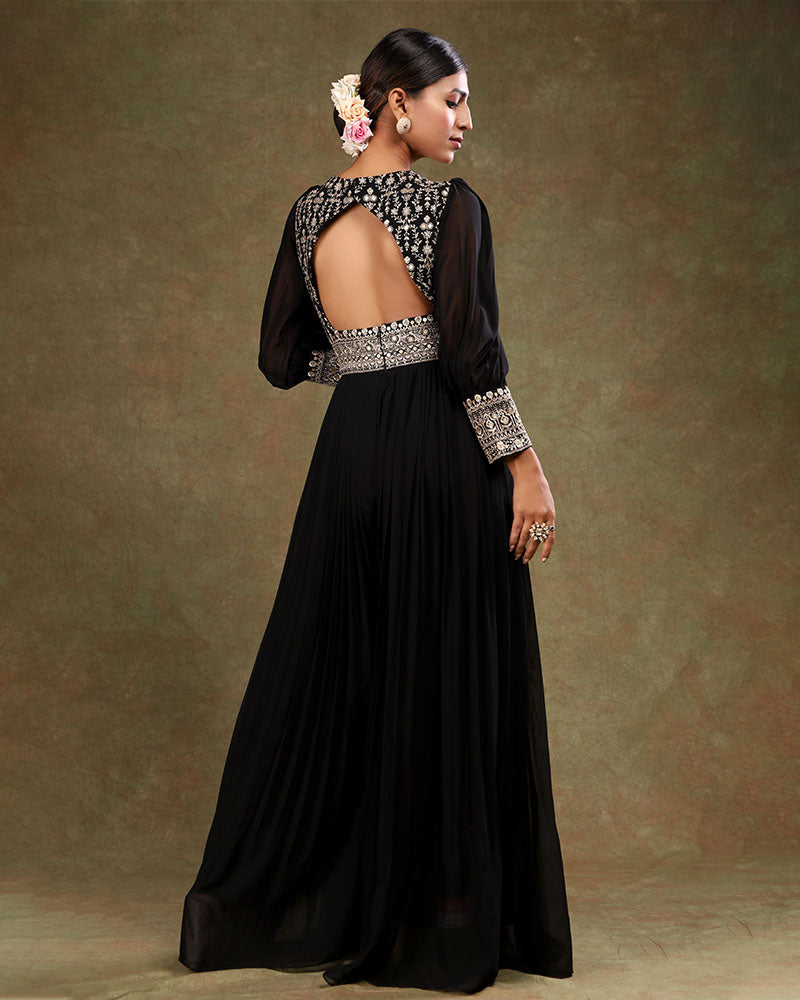 Floor Length Yoke Embellished Black Gown with Full Sleeve