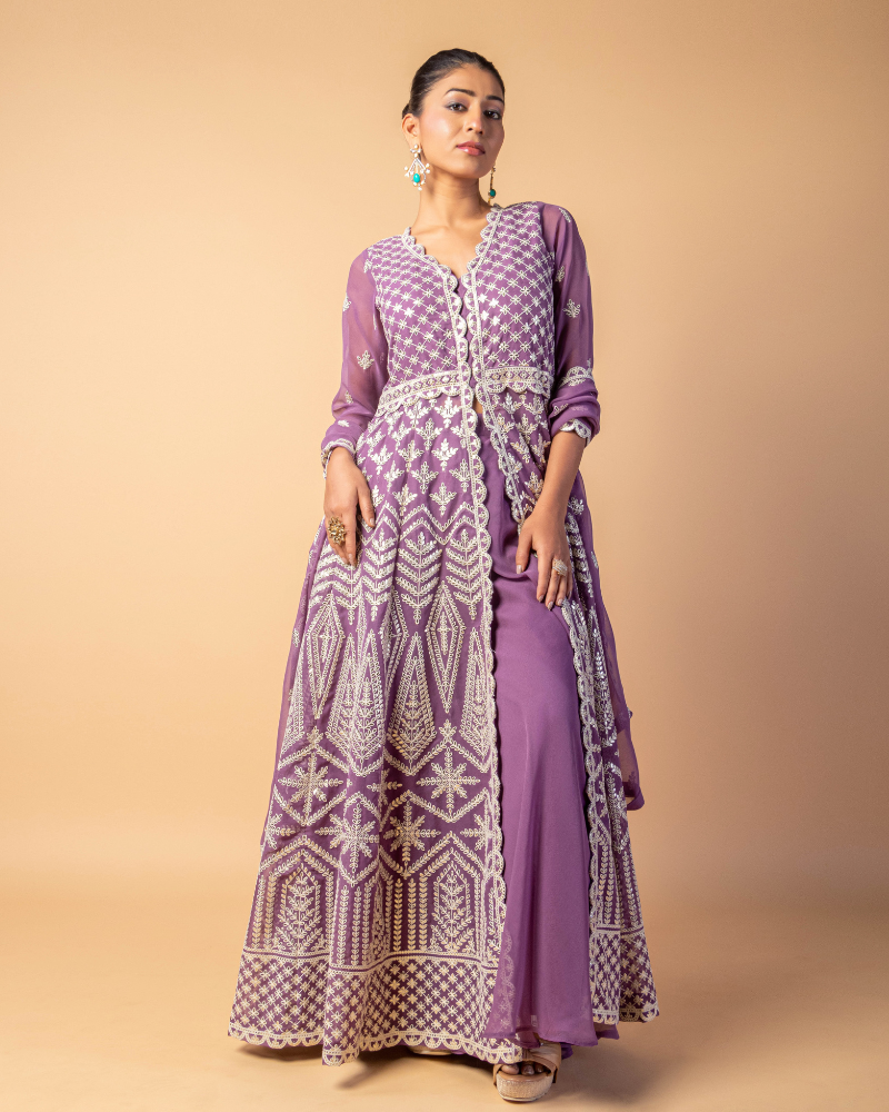 Violet Thread Detail Front Slit Palazzo Suit for Wedding