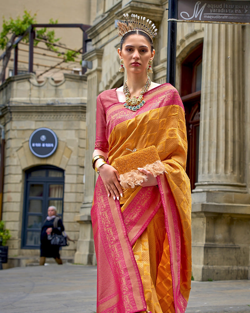 Mustard Yellow Pure Silk Saree With Border Art with Unstitched Blouse