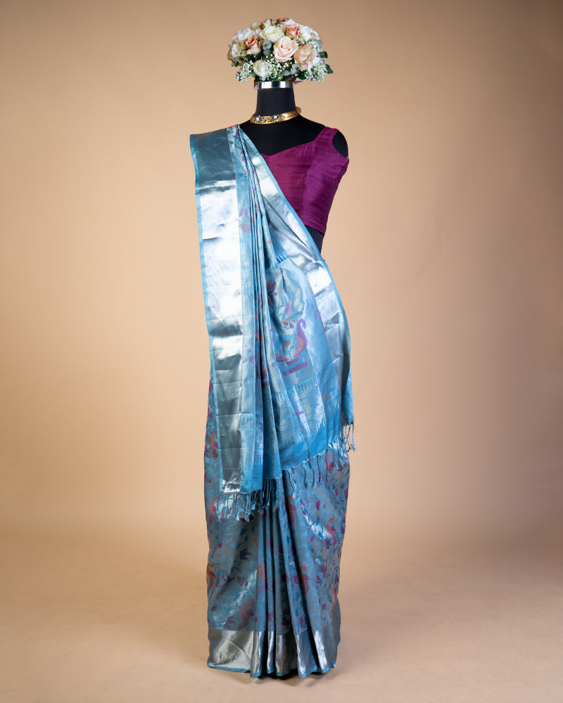 Sky Blue Foil Printed Kanjivaram Silk Saree With Unstitched Blouse
