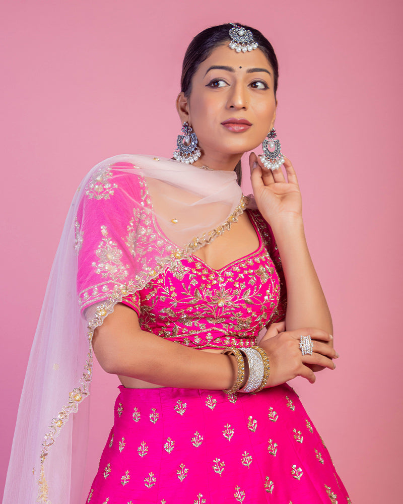 Deep Pink Floral Embroidered lehenga choli With Dupatta