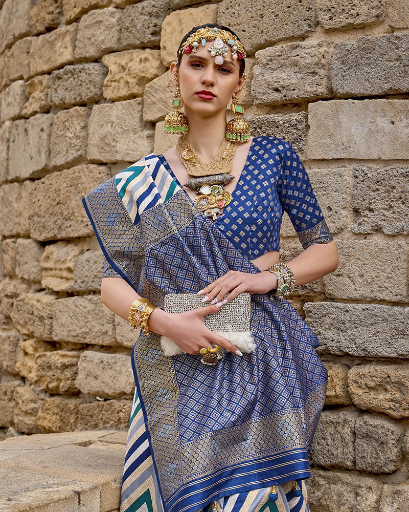 Blue Cotton Silk Pure Patola Saree with Unstitched Blouse