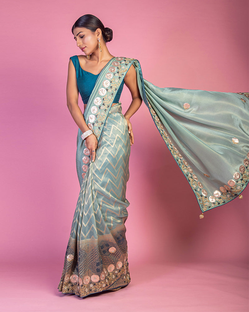 Sea Green Party wear Saree with Unstitched Blouse