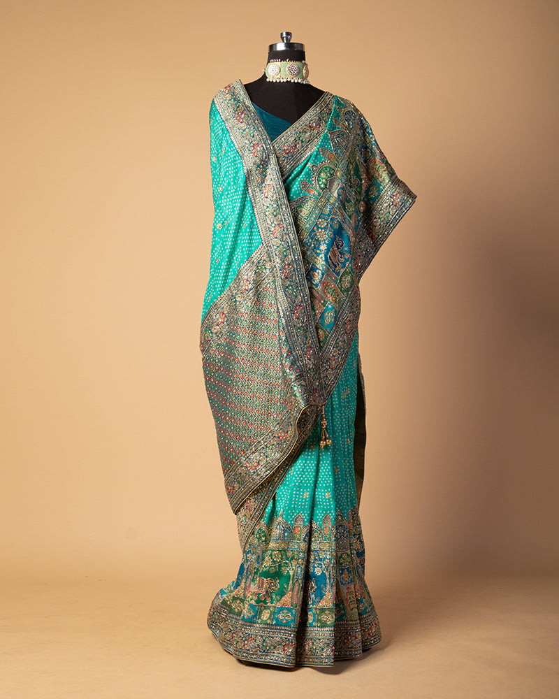 Sea Green Badhani Printed Silk Saree with Heavy Embroidered Border