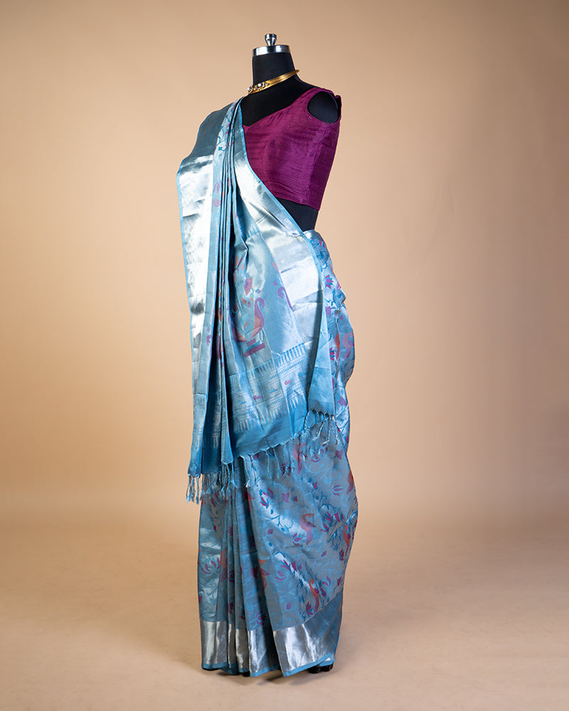 Sky Blue Foil Printed Kanjivaram Silk Saree With Unstitched Blouse