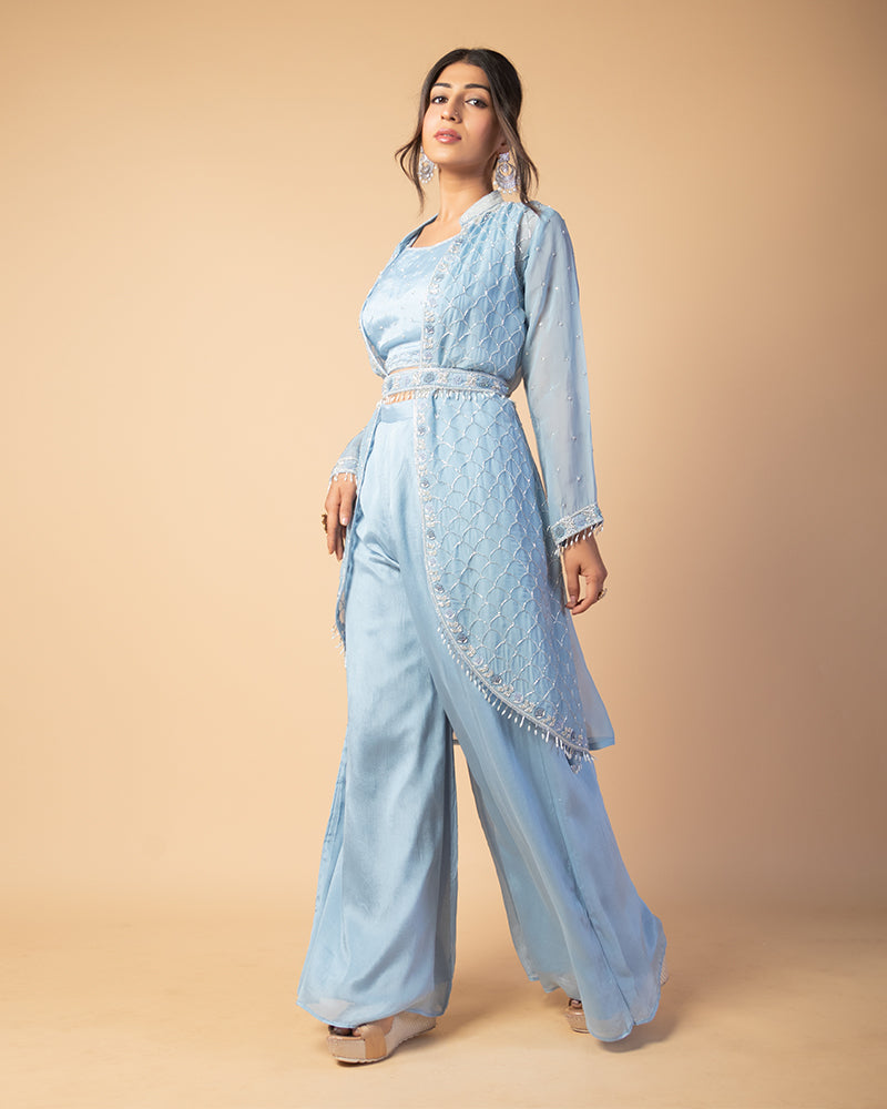 Coral Blue Palazzo Set With Shrug And Waist Belt