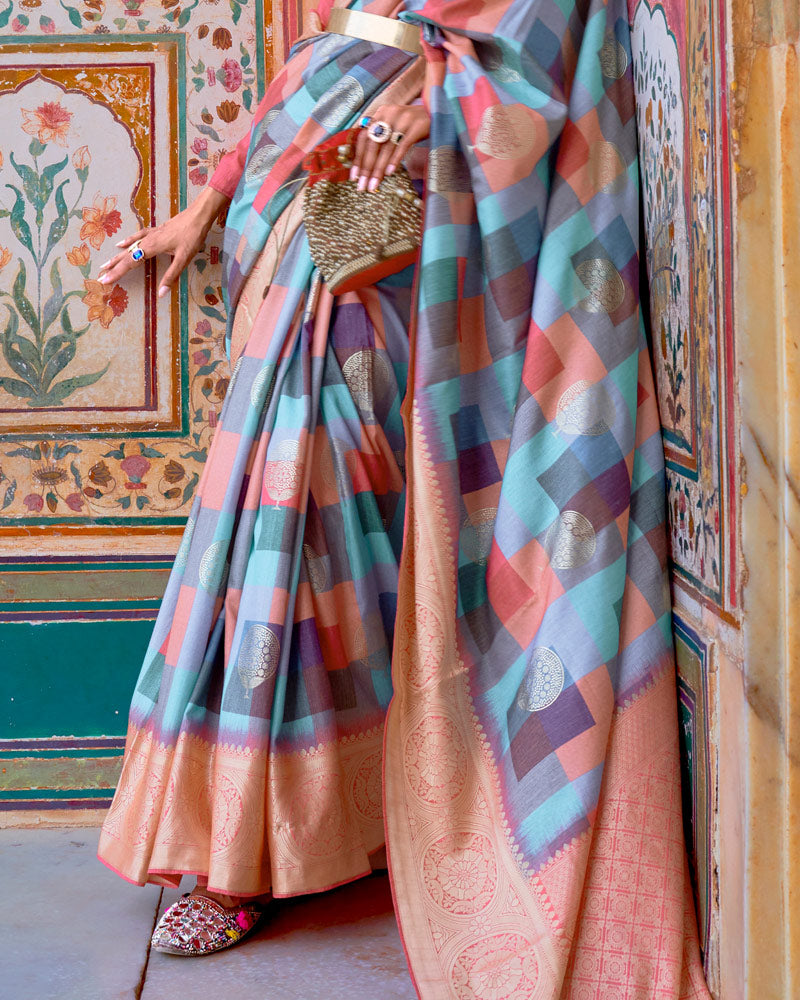 Sky Blue Foil Printed Zari Woven Silk Saree With Unstitched Blouse