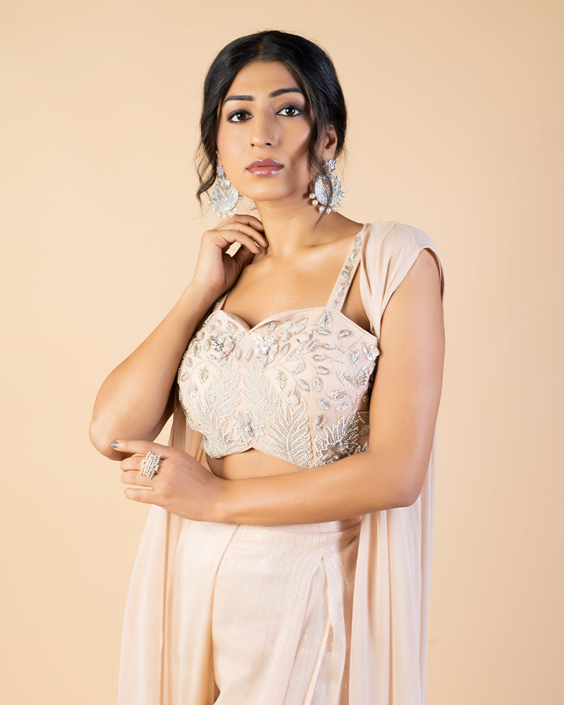Beige Cream Embroidered CropTop With Flared Palazzo