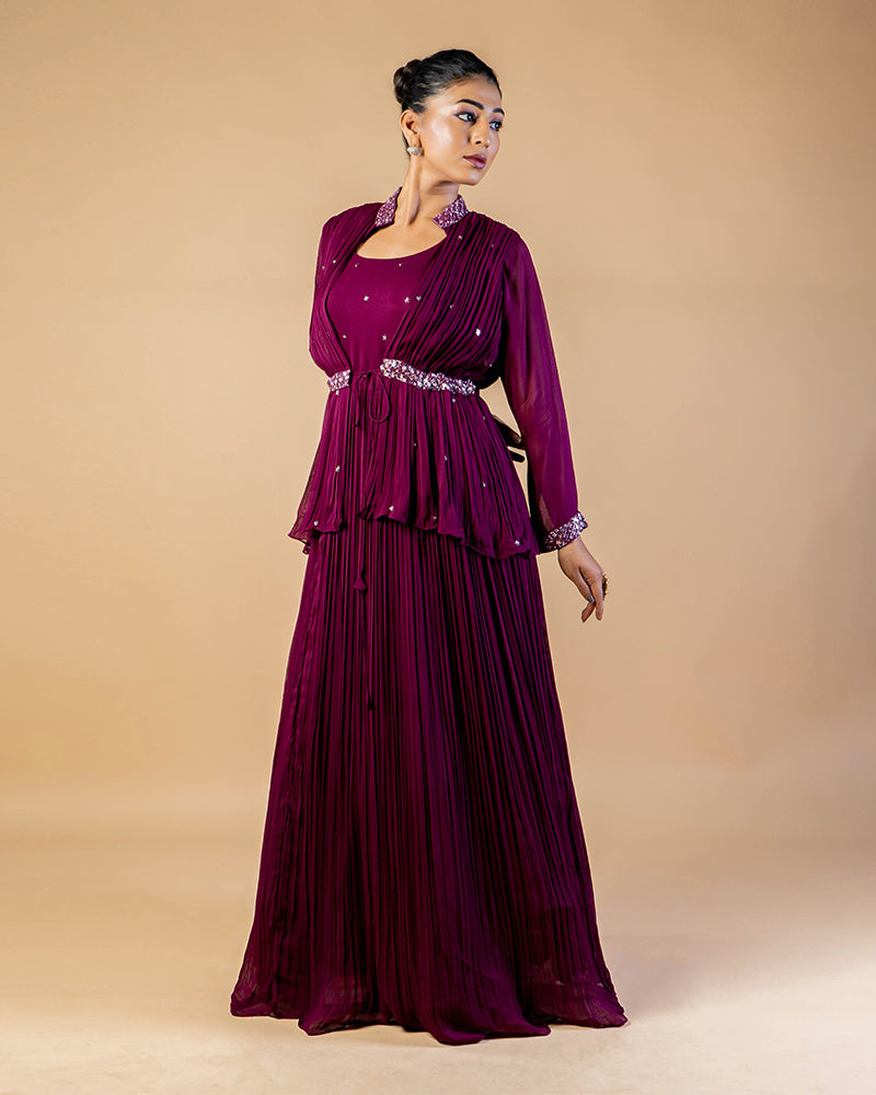 Plum Crushed Gown With Embroidered Shrug