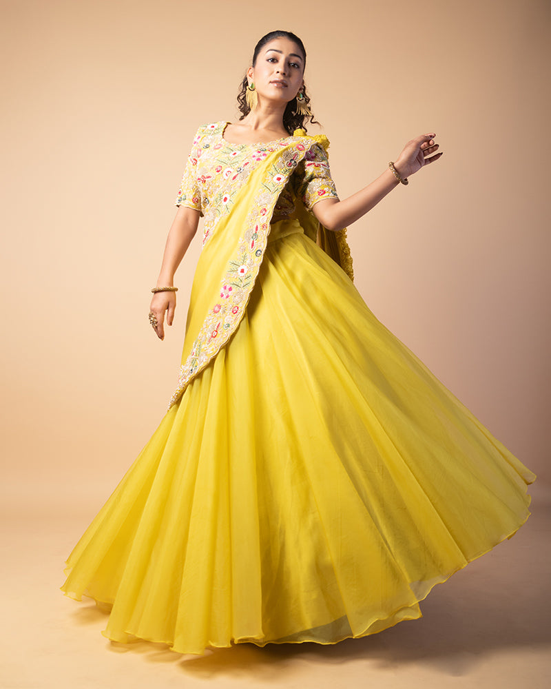 Light Yellow Floral Embroidered CropTop Lehenga With Dupatta
