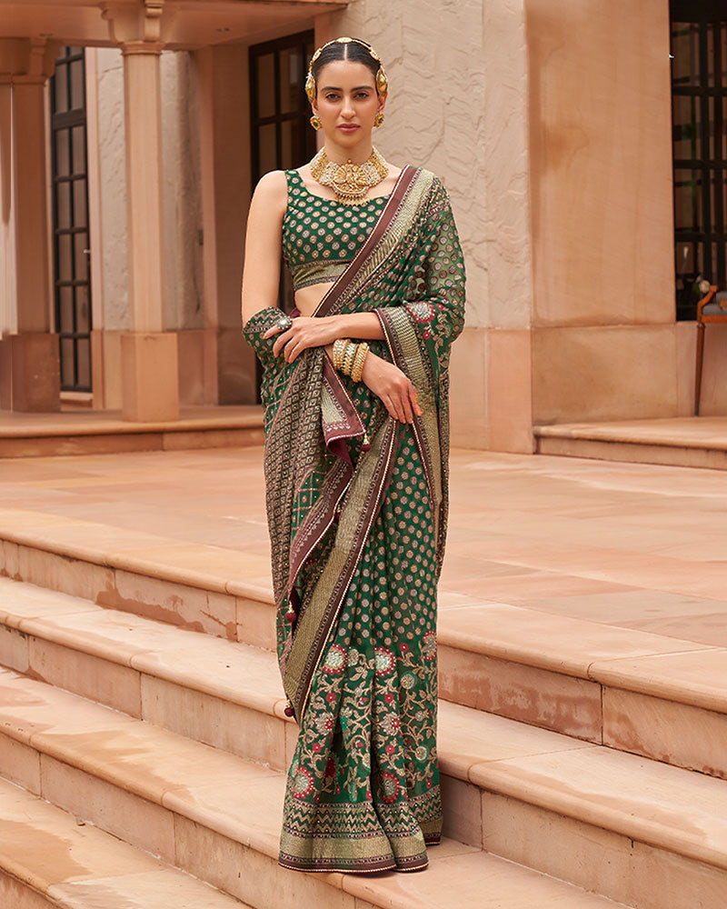 Green Pure Georgette Embroidered Saree With Unstitched Blouse