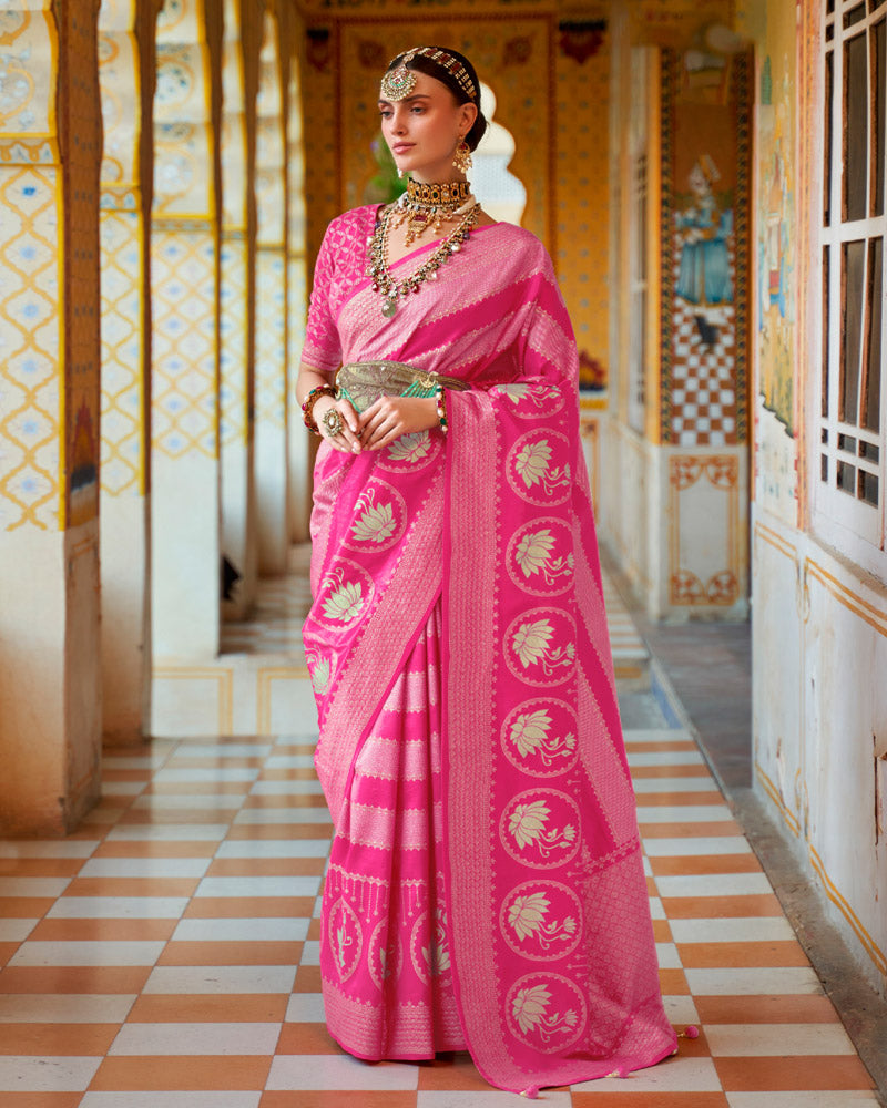 Light Pink Floral Printed Saree With Unstitched Blouse