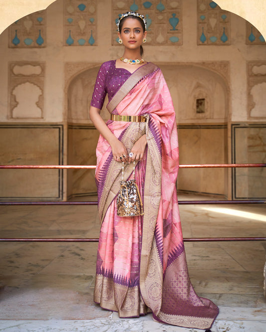 Daisy Pink Digital Printed Zari Woven Silk Saree With Unstitched Blouse