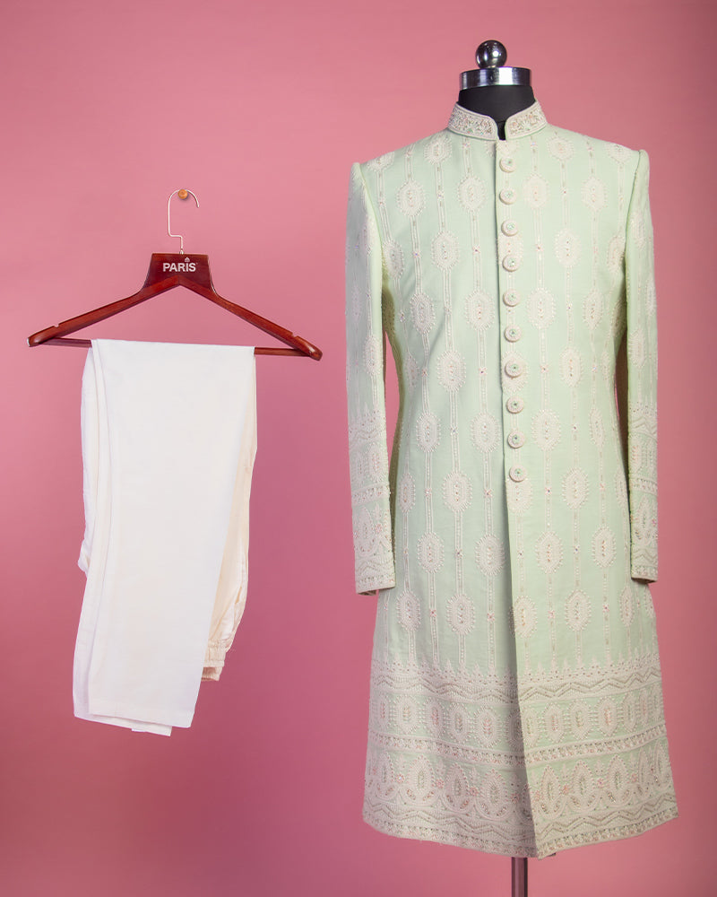 Pista Green Sherwani with Pyjama in Cotton with Belt