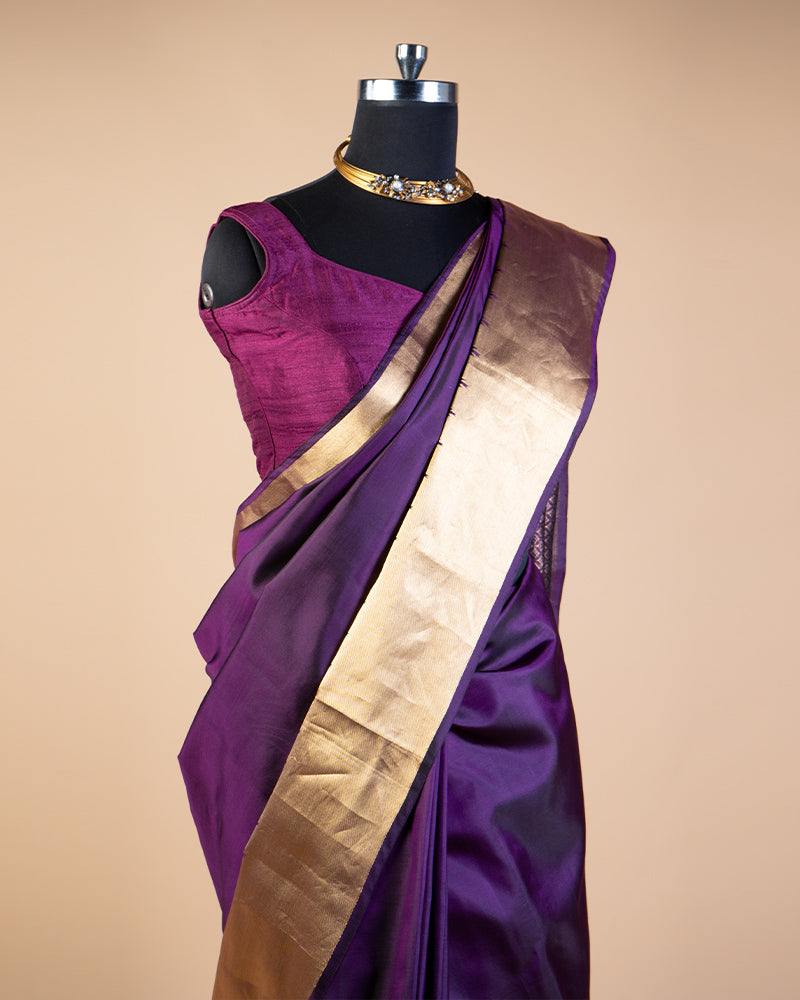 Violet Kanjivaram Silk Saree With Contrast Border
