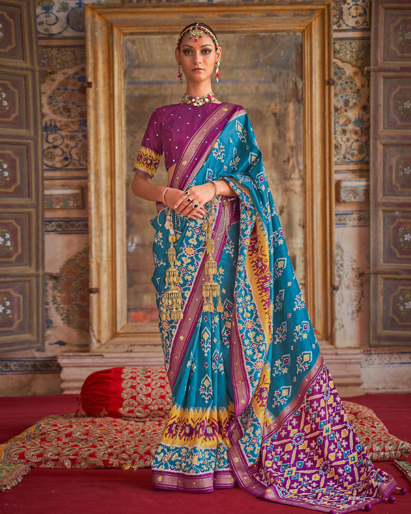 Teal Blue Ikat Hand Work Printed Patola Saree With Unstitched Blouse