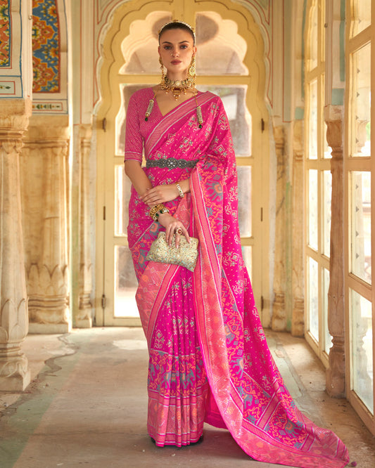 Hot Pink Floral and Elephant Motifs Ikat Printed Silk Saree With Unstitched Blouse