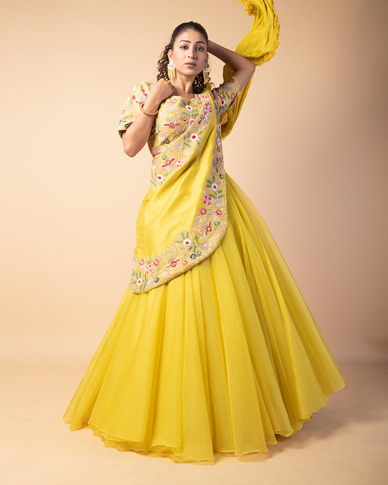 Light Yellow Floral Embroidered CropTop Lehenga With Dupatta