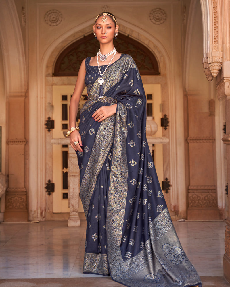 Navy Blue Foil Printed Silk Saree With Unstitched Blouse
