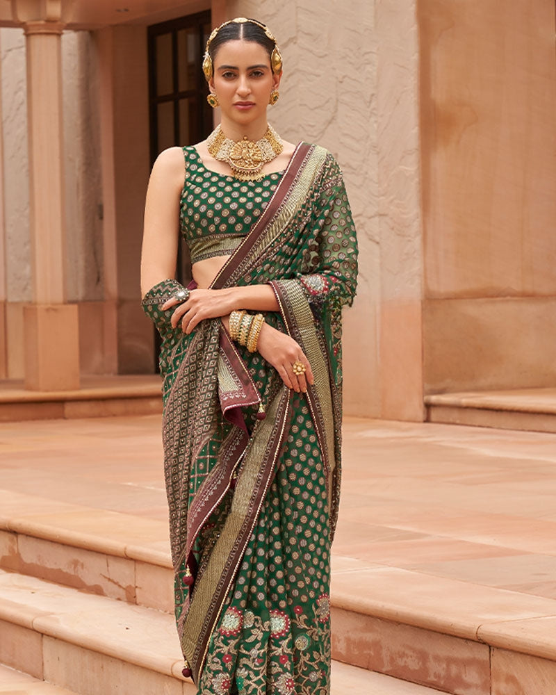 Green Pure Georgette Embroidered Saree With Unstitched Blouse