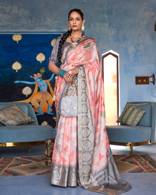 Coral Pink Foil Printed Silk Saree With Contrast Floral Printed Border