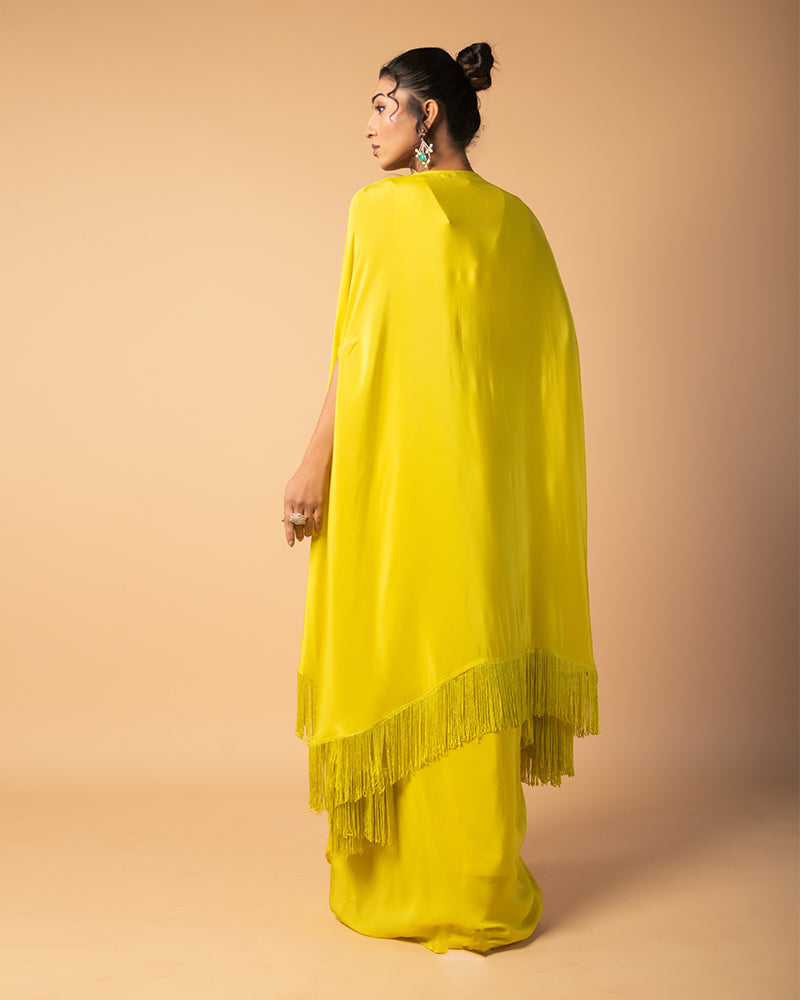 Lemon Yellow Embroidered CropTop draped Skirt with shrug