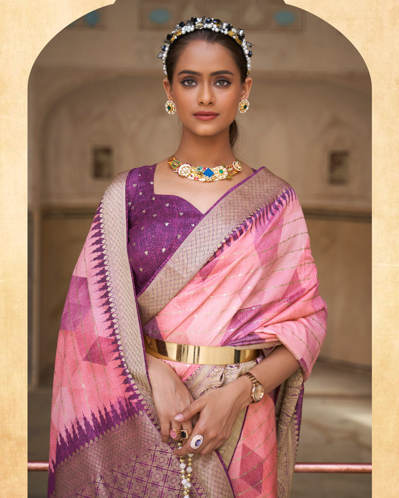 Daisy Pink Digital Printed Zari Woven Silk Saree With Unstitched Blouse