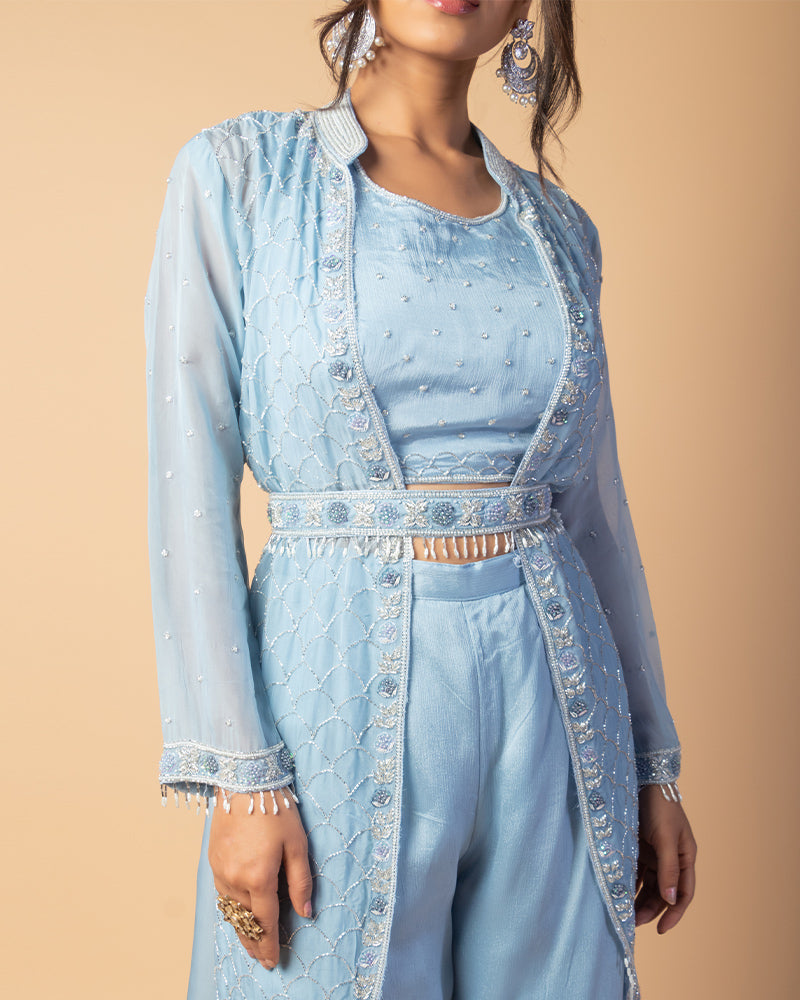 Coral Blue Palazzo Set With Shrug And Waist Belt