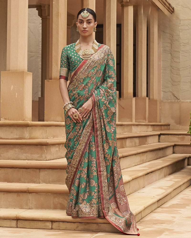 Teal Green Pure Georgette Embroidered Saree With Unstitched Blouse
