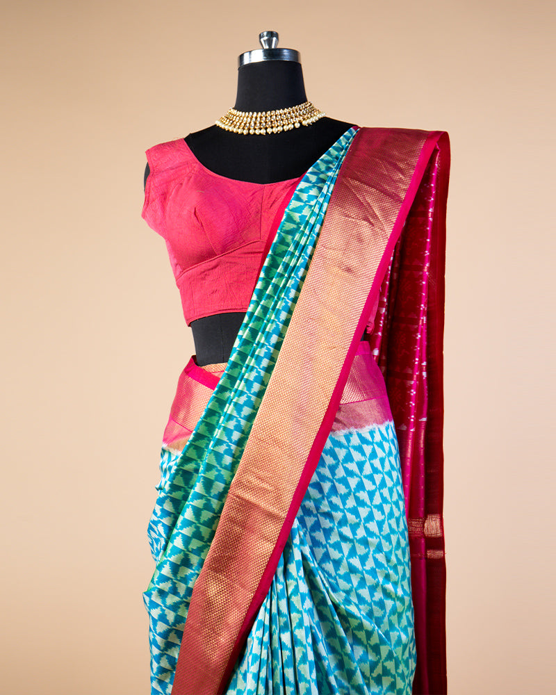 Sky Blue Printed Saree With Pink Contrast Zari Woven Pallu