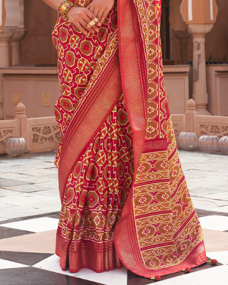 Brick Red Ikat Printed Saree With Zari Woven Pallu