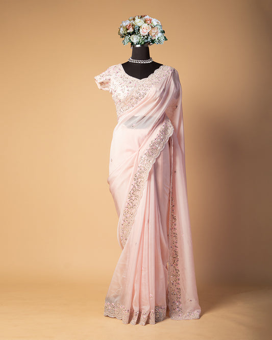 Oyster Pink Chiffon saree with Floral Embroidered Border