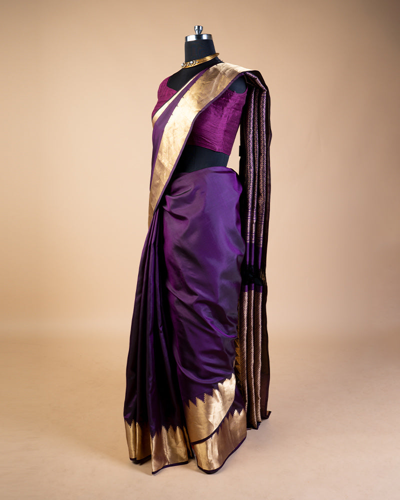 Violet Kanjivaram Silk Saree With Contrast Border