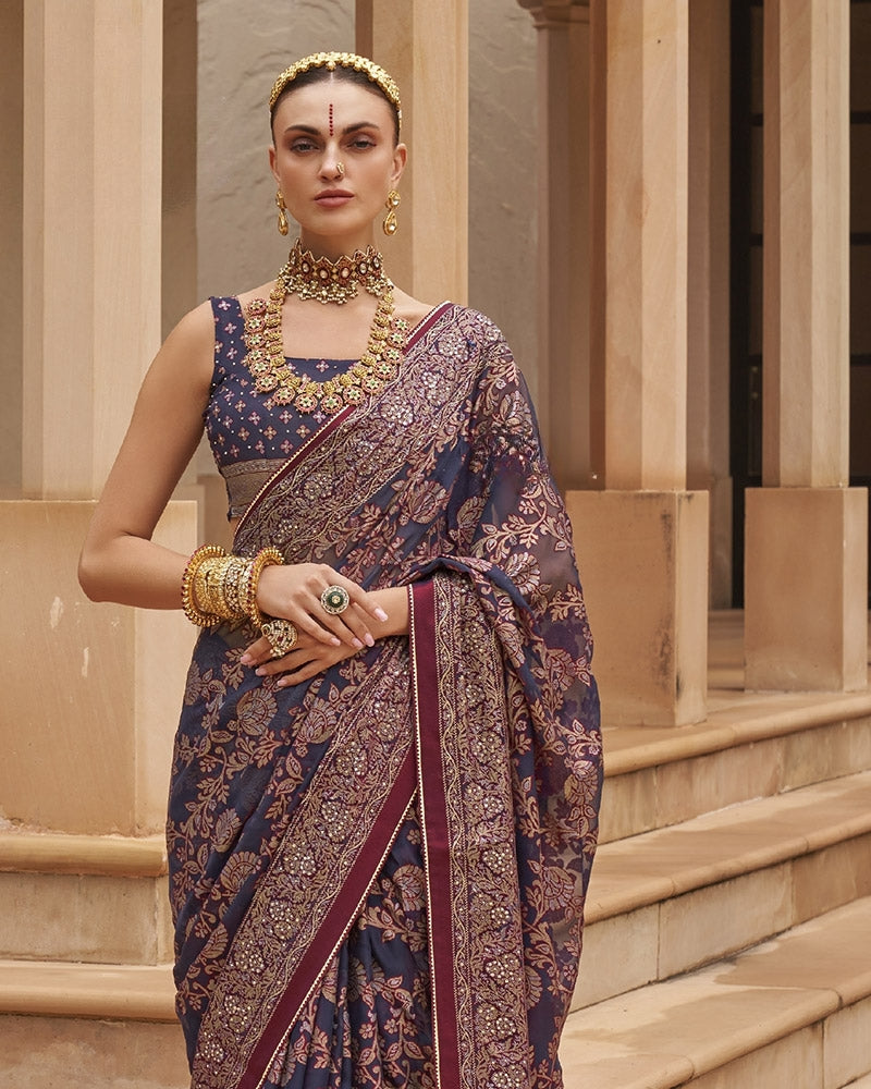 Purple Pure Georgette Embroidered Saree with floral Jaal