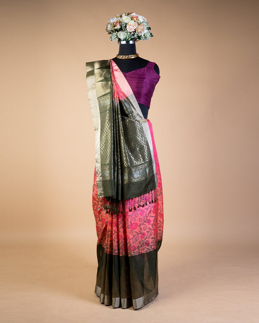 Coral Pink Floral Printed Silk Saree With Contrast Pallu