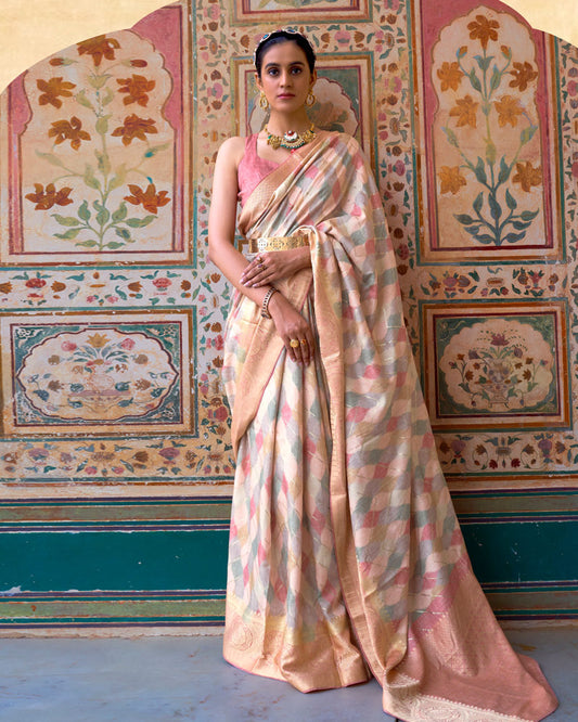 Cherry Blossom Digital Printed Zari Woven Silk Saree With Unstitched Blouse