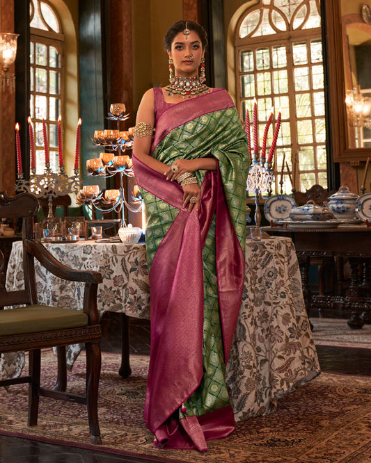 Green Cotton Silk Saree With Unstitched Blouse