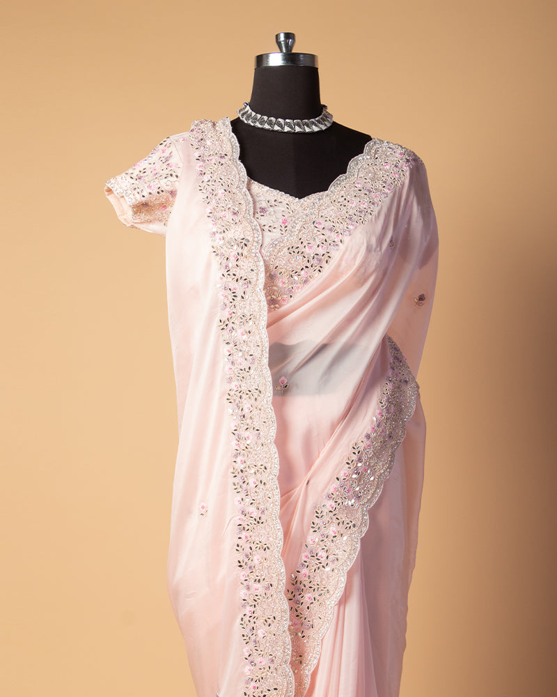 Oyster Pink Chiffon saree with Floral Embroidered Border