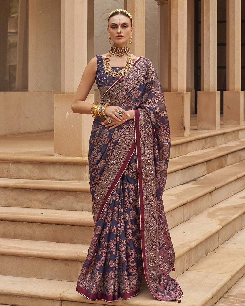 Purple Pure Georgette Embroidered Saree with floral Jaal