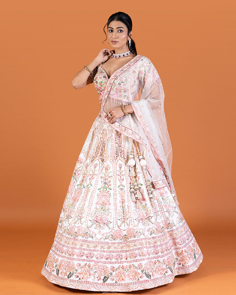 Cream Embroidered Embellished Lehenga Choli with Dupatta